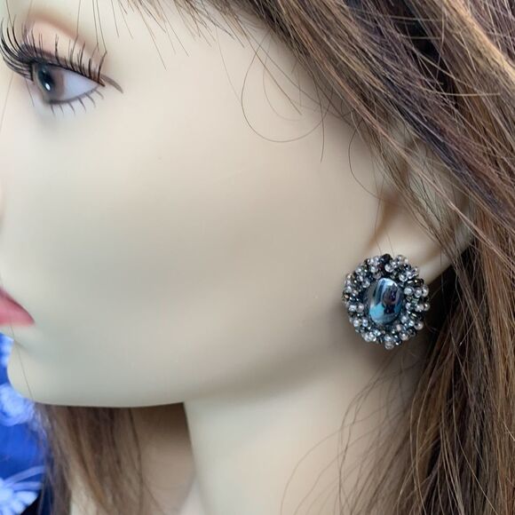 Hand  beaded silver natural hematite earrings with black crystal beaded border - Picture 3 of 9